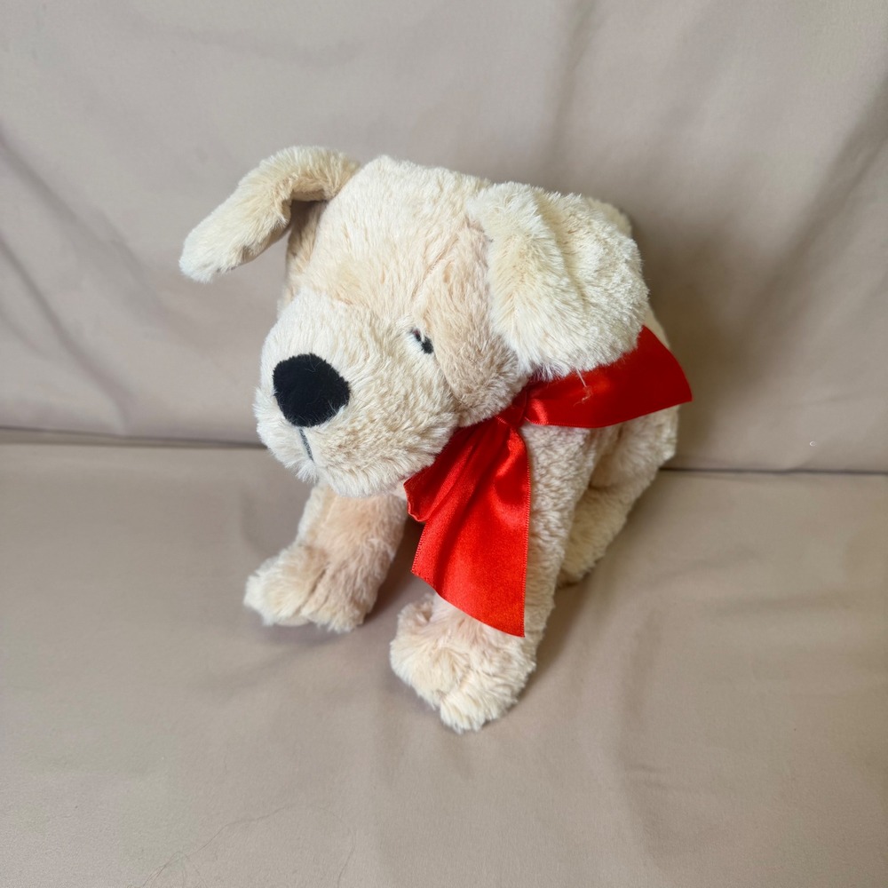 Melissa and Doug Cream Puppy Dog Plush Stuffed Animal with Red Bow Ribbon